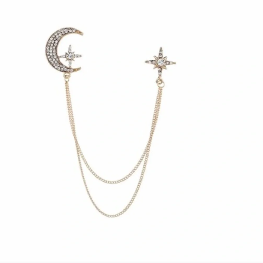 Fashion Rhinestone Star Brooch Pin Crystal Tassel Chain Lapel Pins